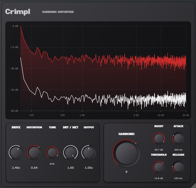 Crimpl's resizable harmonic distortion interface with independent Threshold, Attack and Release knobs