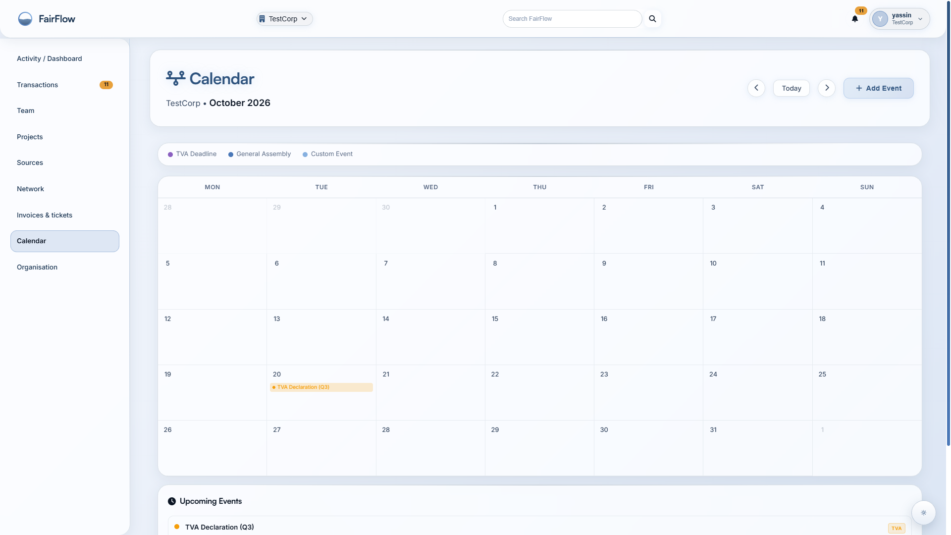FairFlow calendar with TVA deadlines, general assemblies and custom events