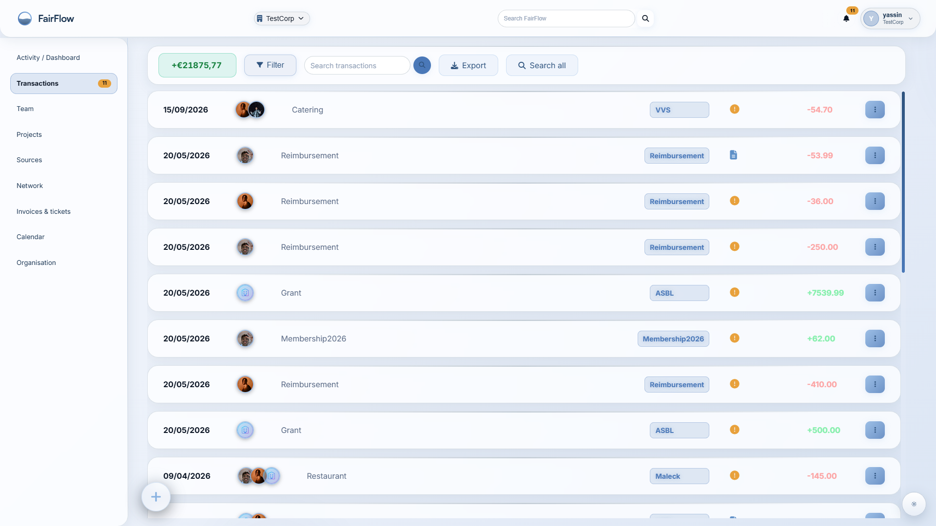 FairFlow transactions list with source, member and amount for each entry
