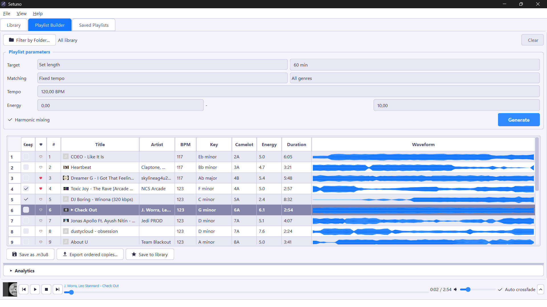 Setuno playlist builder showing set generation controls and an ordered track selection