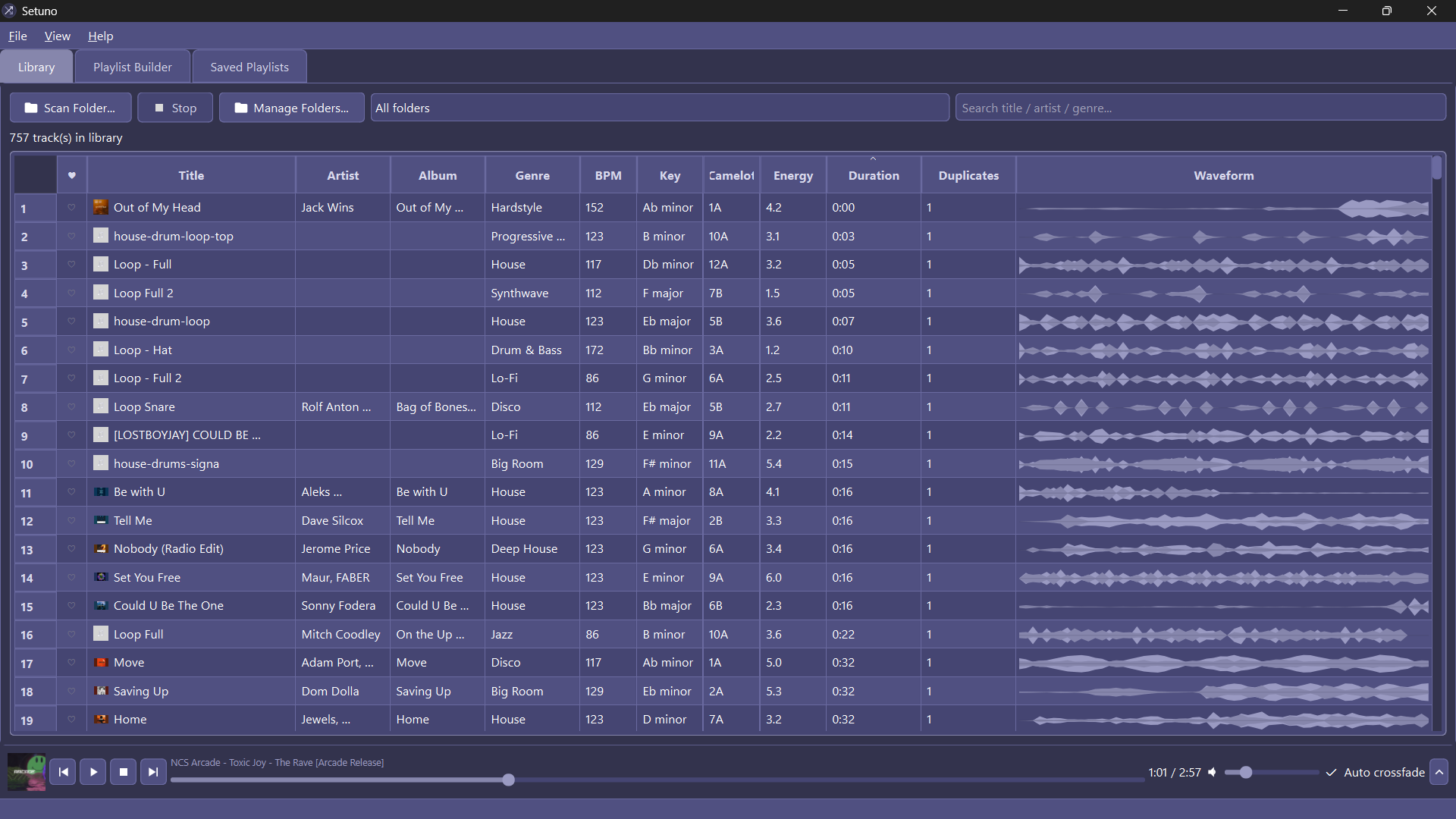 Setuno library in its muted violet dark theme