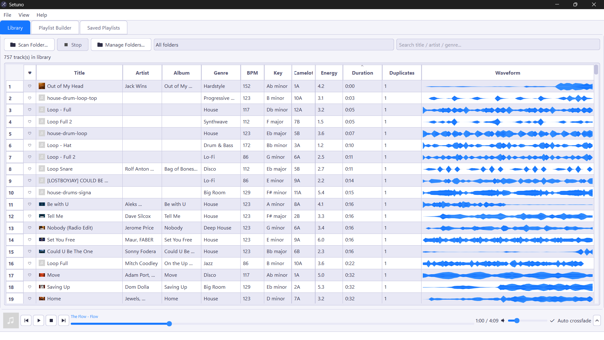 Setuno's compact library with per-track waveforms and playback controls
