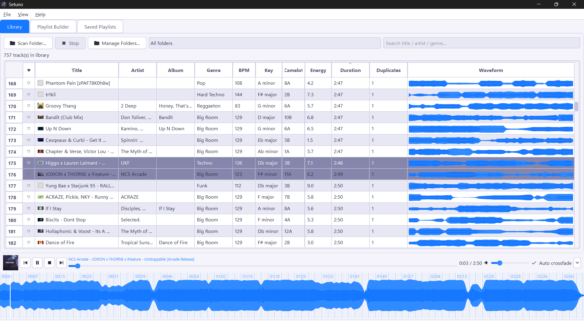 Setuno's actual library interface with track tempo, musical key, energy and waveform playback