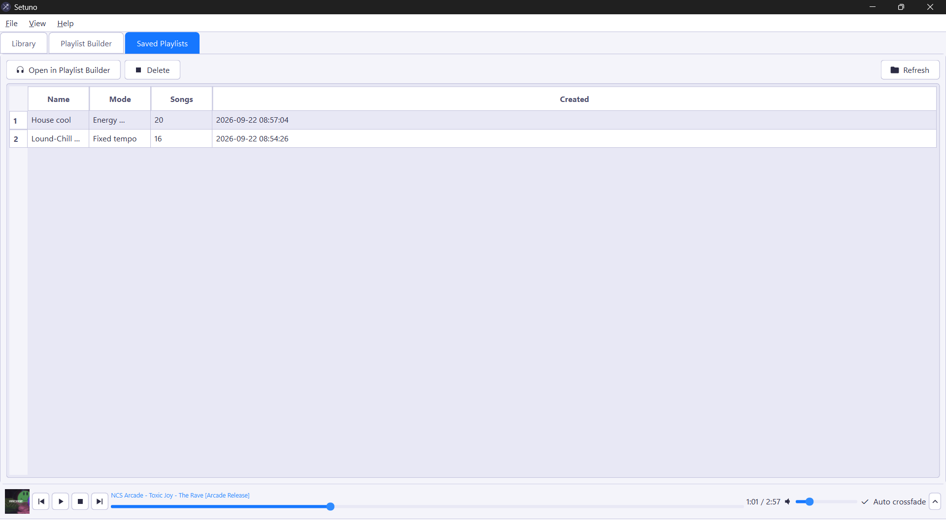 Setuno saved playlists with names, generation modes, track counts and creation dates
