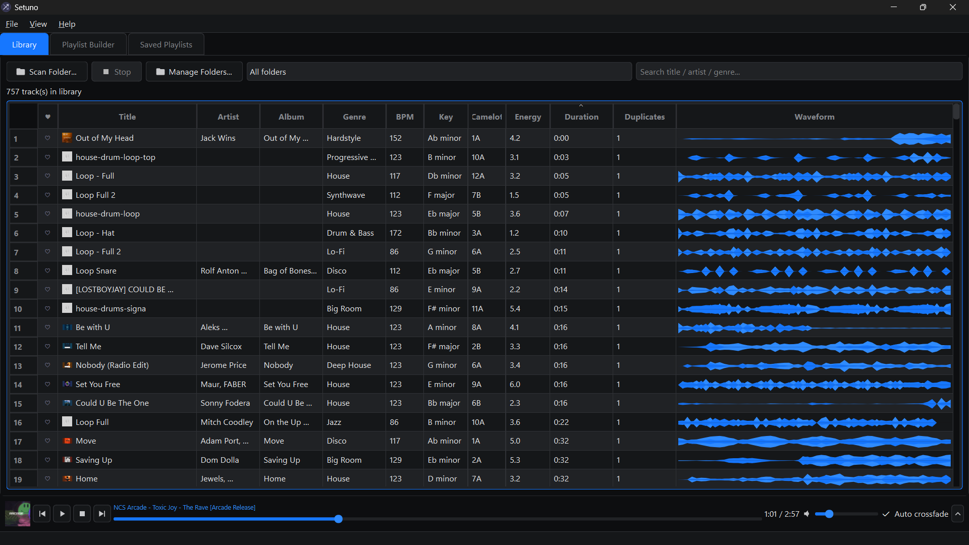 Setuno library in its charcoal Rekordbox-inspired theme with blue waveforms