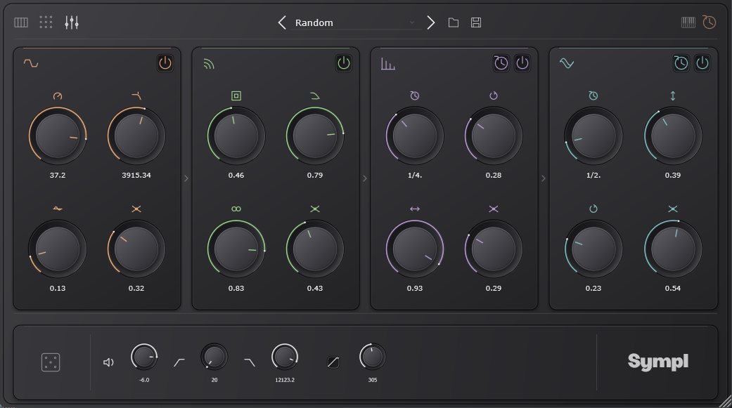 Sympl's effects view showing distortion, chorus, delay and reverb panels with individual power and mix controls