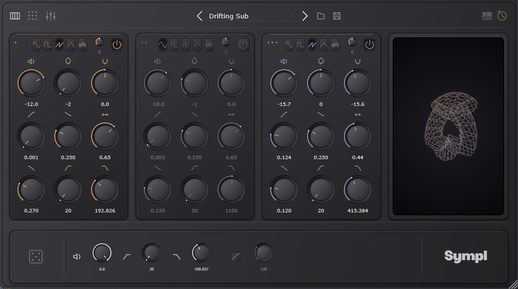 Sympl synthesizer with three color-coded oscillator panels and a wireframe visualizer